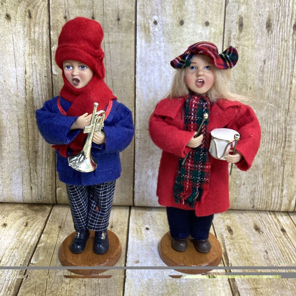 Christmas Caroler Figure Man Trumpet Woman Drum 10" Wood Base